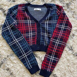 Hollister red and green cropped v-neck button up sweater